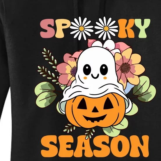 Groovy Spooky Season Cute Ghost Holding Pumpkin Halloween Women's Pullover Hoodie