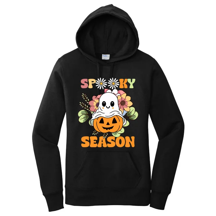 Groovy Spooky Season Cute Ghost Holding Pumpkin Halloween Women's Pullover Hoodie