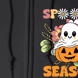 Groovy Spooky Season Cute Ghost Holding Pumpkin Halloween Full Zip Hoodie