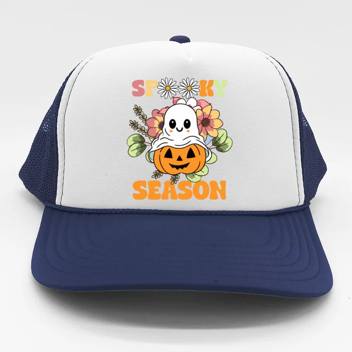 Groovy Spooky Season Cute Ghost Holding Pumpkin Halloween Trucker Hat