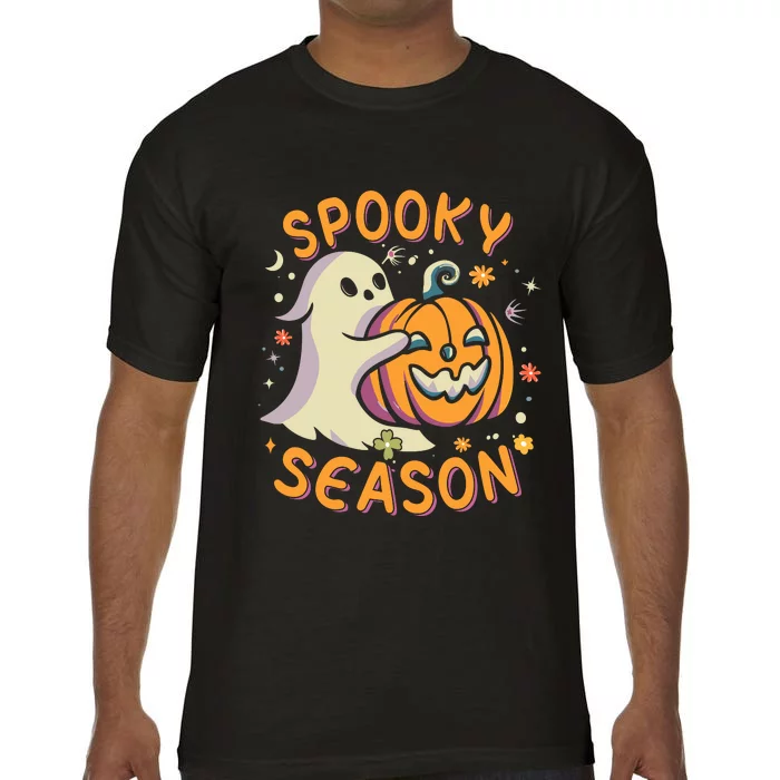 Groovy Spooky Season Cute Ghost Holding Pumpkin Halloween Comfort Colors T-Shirt