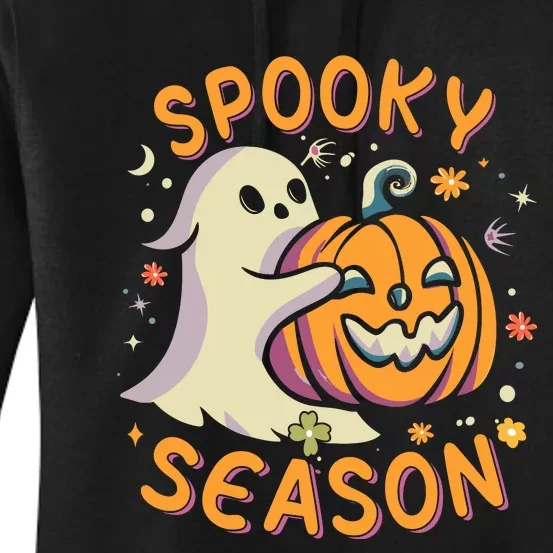 Groovy Spooky Season Cute Ghost Holding Pumpkin Halloween Women's Pullover Hoodie