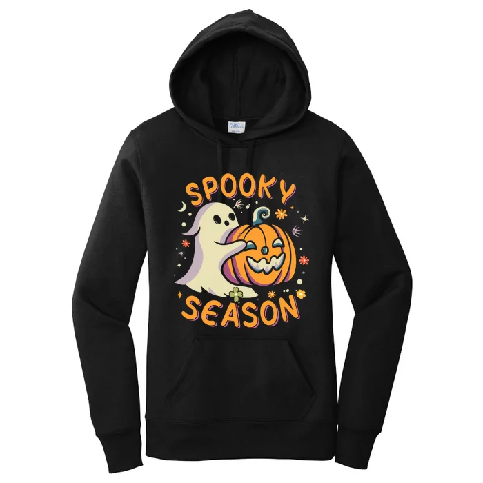 Groovy Spooky Season Cute Ghost Holding Pumpkin Halloween Women's Pullover Hoodie