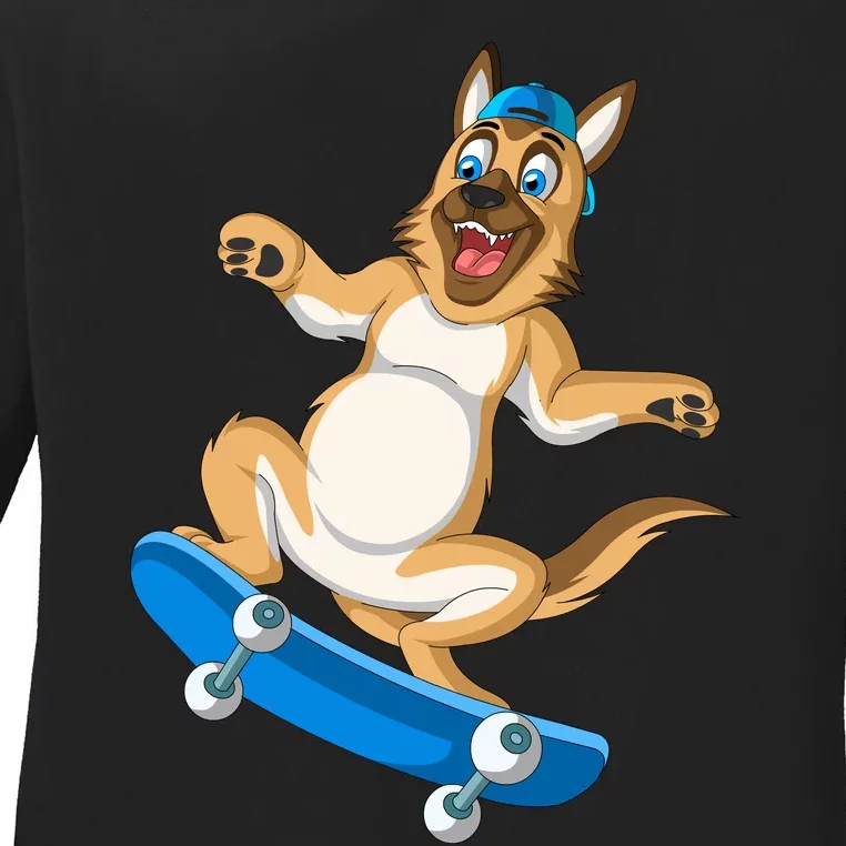 German Shepherd Skateboarding Ladies Long Sleeve Shirt