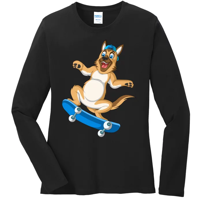 German Shepherd Skateboarding Ladies Long Sleeve Shirt