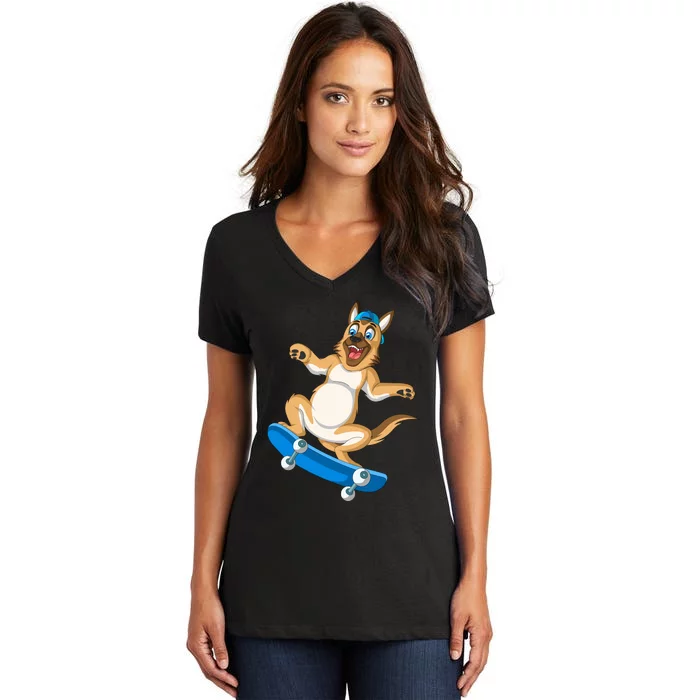 German Shepherd Skateboarding Women's V-Neck T-Shirt