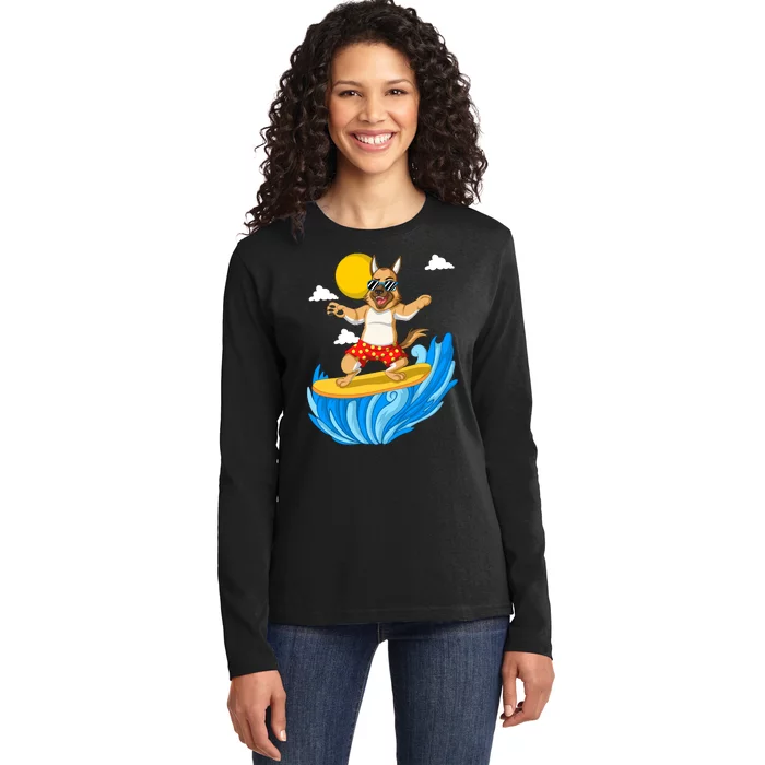 German Shepherd Surfing Ladies Long Sleeve Shirt