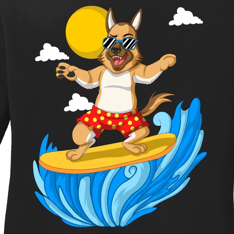 German Shepherd Surfing Ladies Long Sleeve Shirt