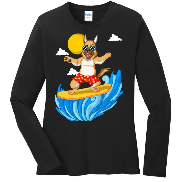 German Shepherd Surfing Ladies Long Sleeve Shirt