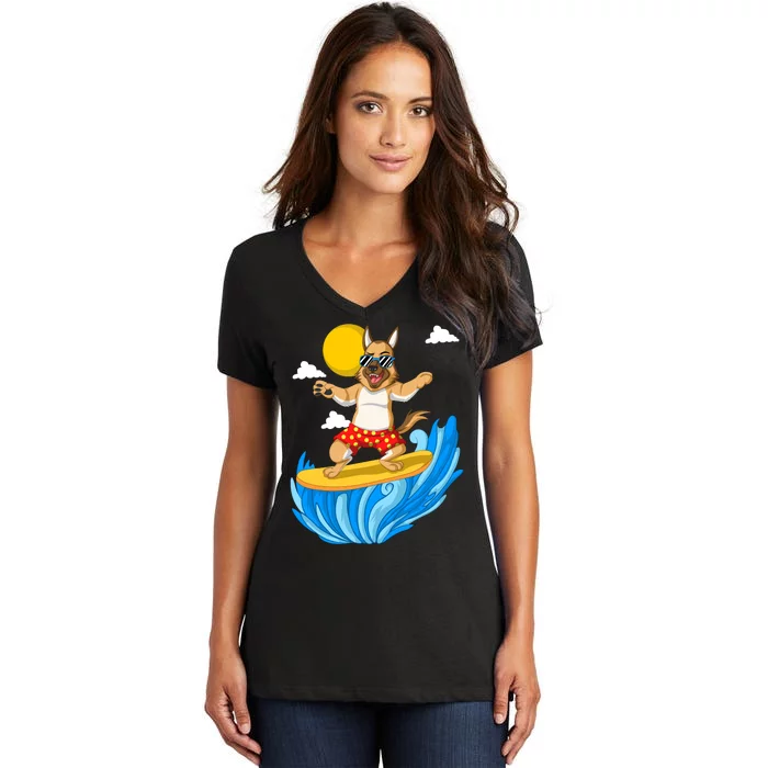 German Shepherd Surfing Women's V-Neck T-Shirt