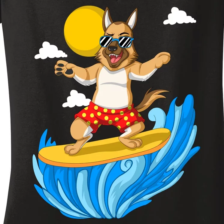 German Shepherd Surfing Women's V-Neck T-Shirt