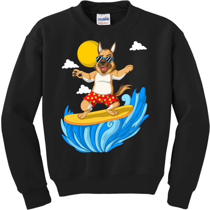 German Shepherd Surfing Kids Sweatshirt