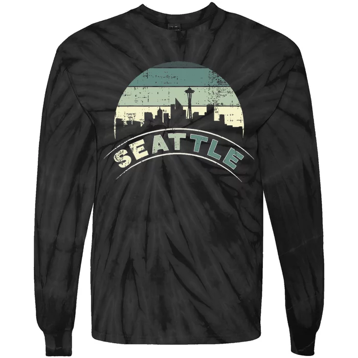 Grunge Seattle Skyline Distressed Look Design Tie-Dye Long Sleeve Shirt