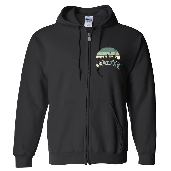 Grunge Seattle Skyline Distressed Look Design Full Zip Hoodie