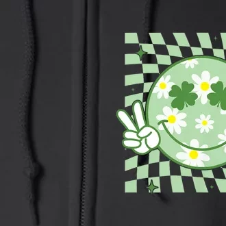 Groovy Shamrock Smile Face St Patricks Day Full Zip Hoodie