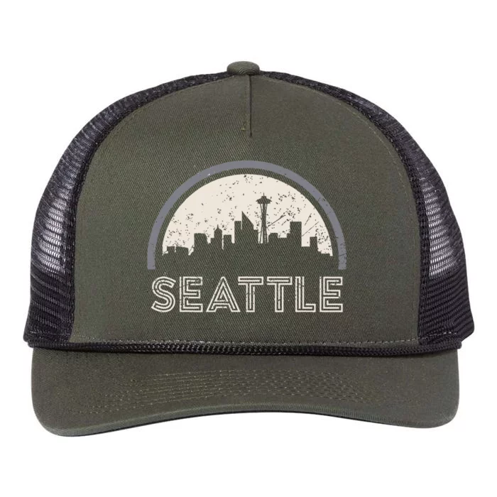 Grunge Seattle Skyline Distressed Look Design Retro Rope Trucker Hat Cap