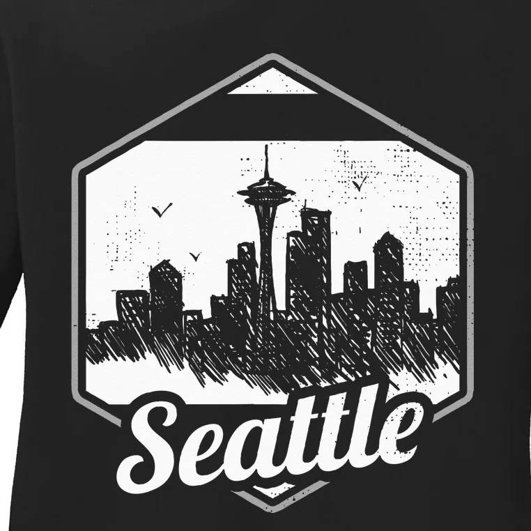 Grunge Seattle Skyline Distressed Look Design Ladies Long Sleeve Shirt