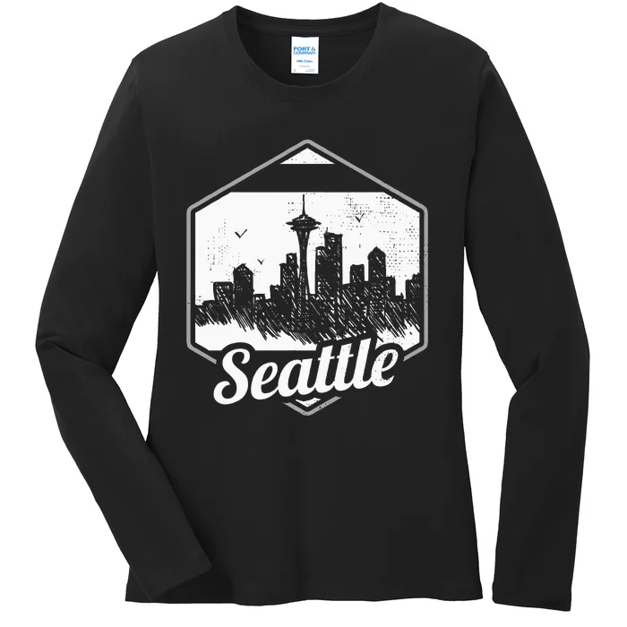 Grunge Seattle Skyline Distressed Look Design Ladies Long Sleeve Shirt