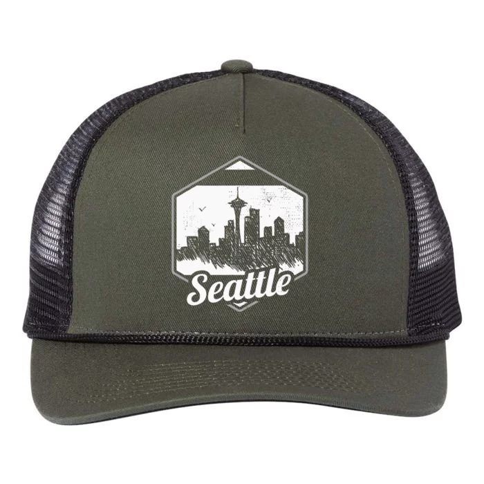 Grunge Seattle Skyline Distressed Look Design Retro Rope Trucker Hat Cap