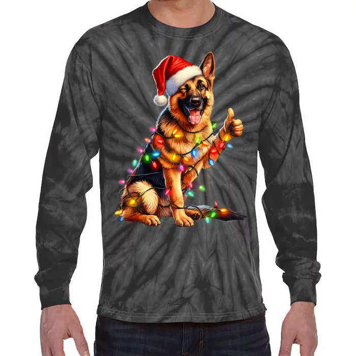 German Shepherd Santa Christmas Tree Lights Ugly Pajamas Tie-Dye Long Sleeve Shirt