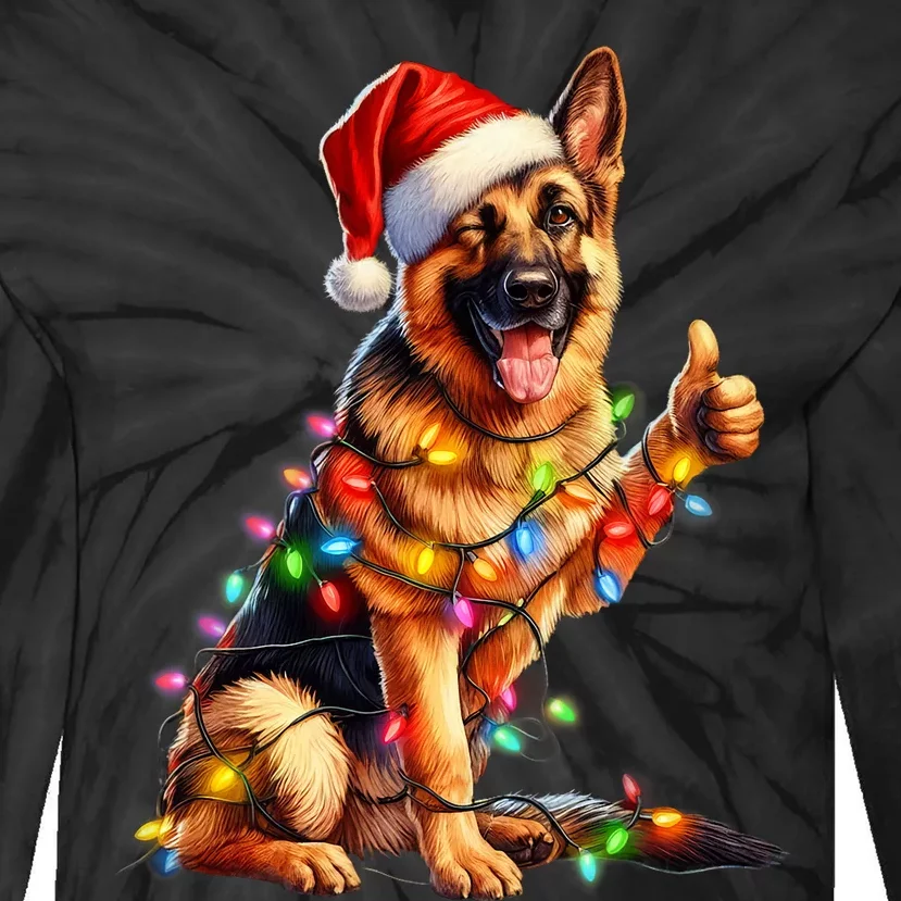 German Shepherd Santa Christmas Tree Lights Ugly Pajamas Tie-Dye Long Sleeve Shirt