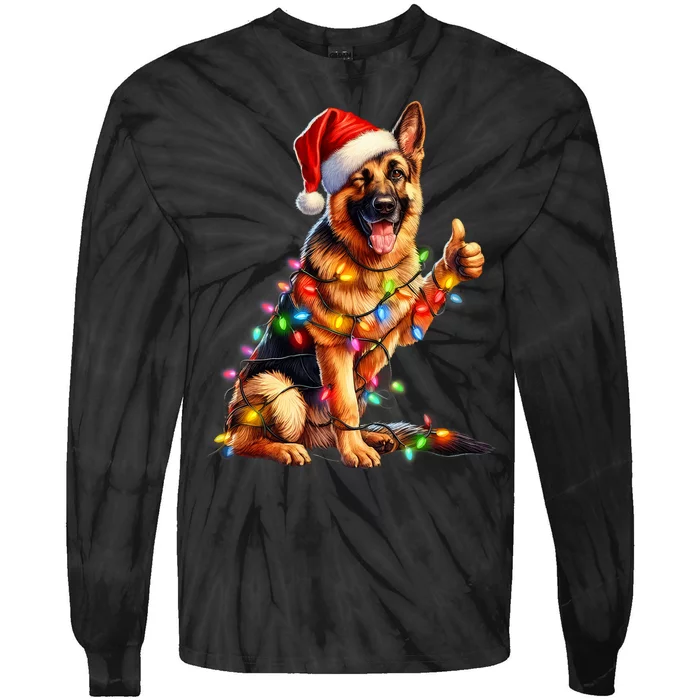 German Shepherd Santa Christmas Tree Lights Ugly Pajamas Tie-Dye Long Sleeve Shirt