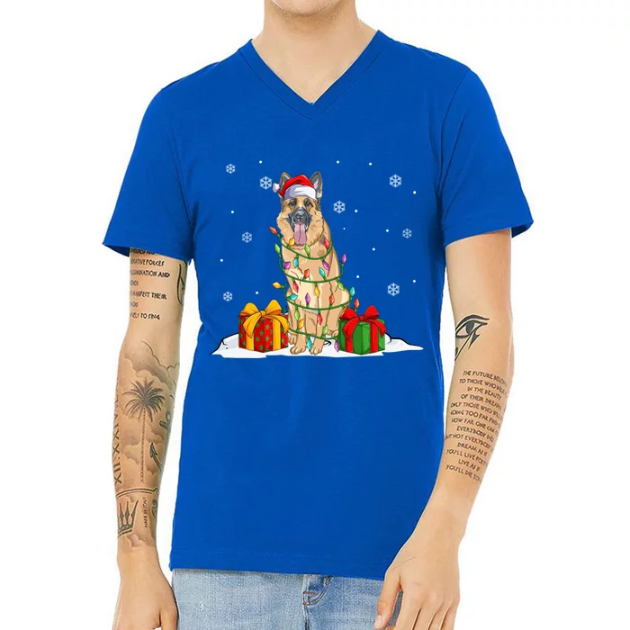 Ger Shepherd Santa Christmas Tree Lights Xmas Pajama Dogs Gift V-Neck T-Shirt