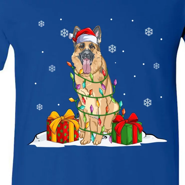 Ger Shepherd Santa Christmas Tree Lights Xmas Pajama Dogs Gift V-Neck T-Shirt