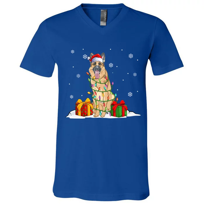 Ger Shepherd Santa Christmas Tree Lights Xmas Pajama Dogs Gift V-Neck T-Shirt