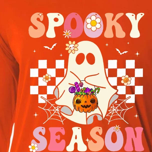 Groovy Spooky Season Retro Ghost Holding Pumpkin Halloween Cooling Performance Long Sleeve Crew