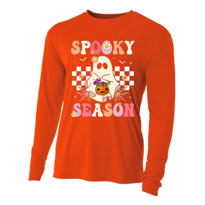 Groovy Spooky Season Retro Ghost Holding Pumpkin Halloween Cooling Performance Long Sleeve Crew