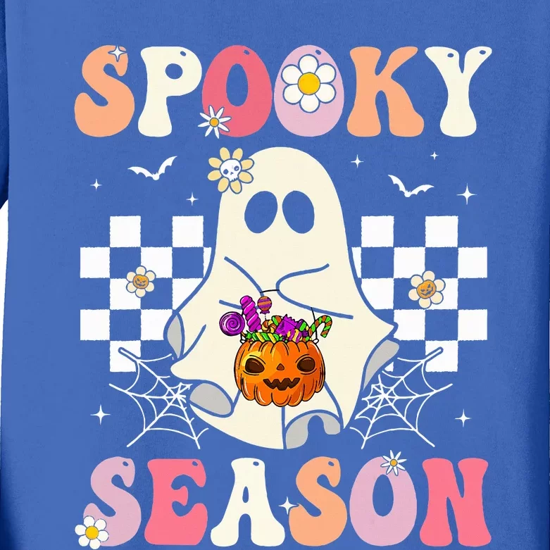 Groovy Spooky Season Retro Ghost Holding Pumpkin Halloween Kids Long Sleeve Shirt