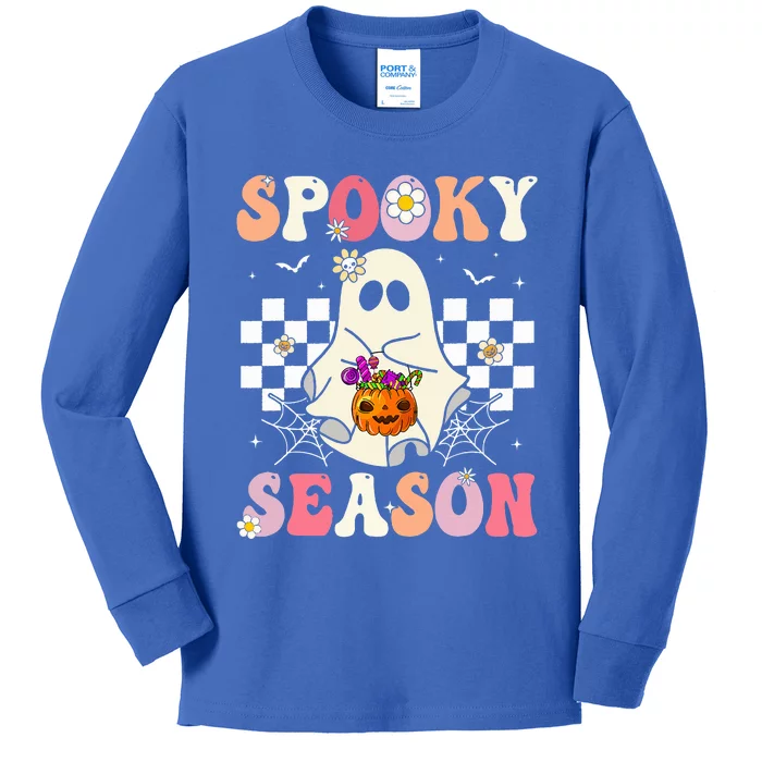 Groovy Spooky Season Retro Ghost Holding Pumpkin Halloween Kids Long Sleeve Shirt