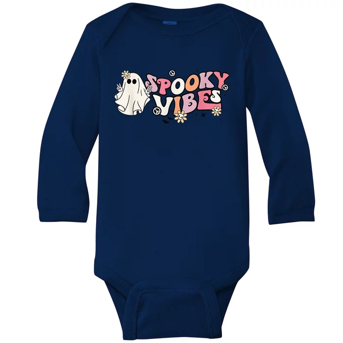 Groovy Stay Spooky Vibes Floral Boo Hippie Halloween 2 Sided Baby Long Sleeve Bodysuit