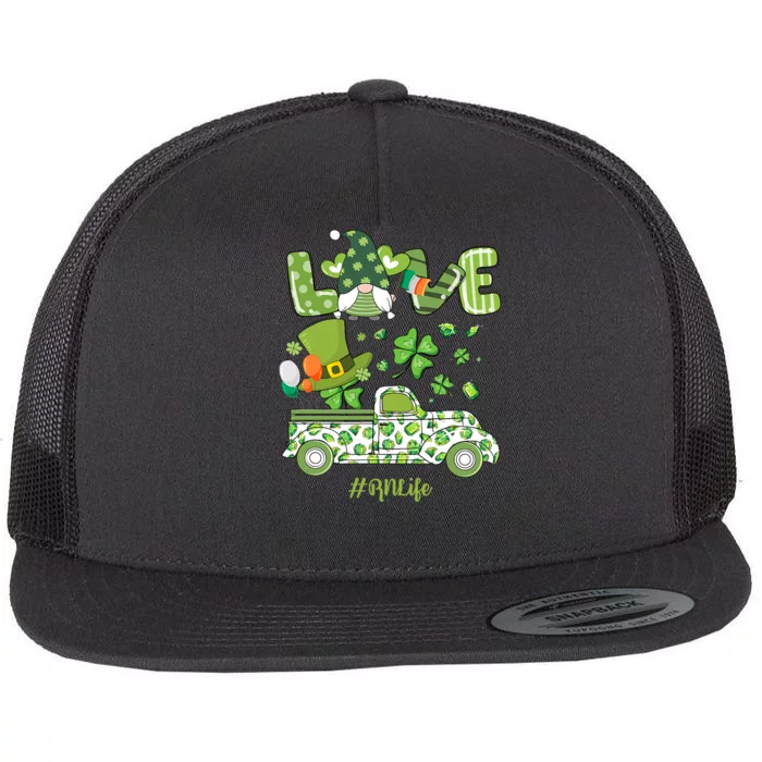 Gnome Shamrock Truck Love RN Life Nurse St Patricks Flat Bill Trucker Hat