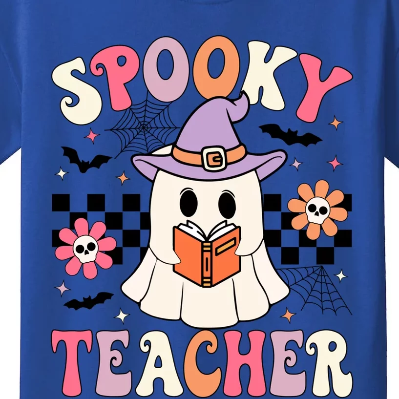 Groovy Spooky Teacher Ghost Retro Floral Teacher Halloween Gift Kids T-Shirt