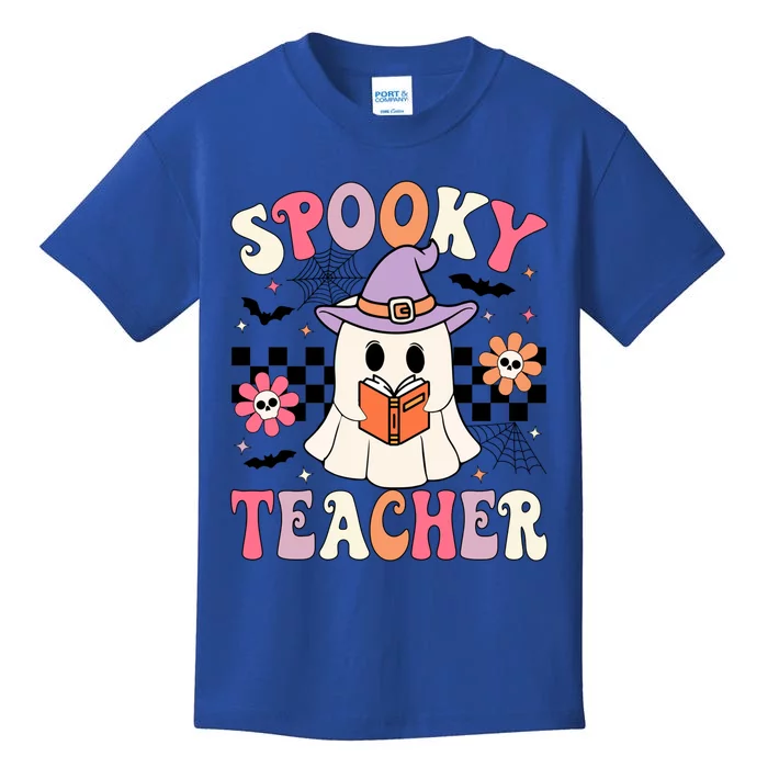 Groovy Spooky Teacher Ghost Retro Floral Teacher Halloween Gift Kids T-Shirt