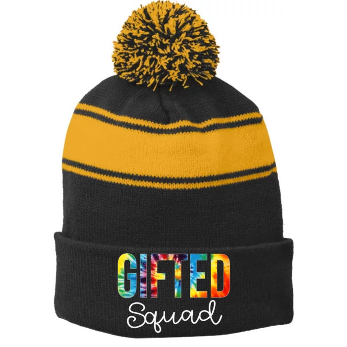 Gifted Squad Tie Dye Appreciation Day Hello Back To School Stripe Pom Pom Beanie