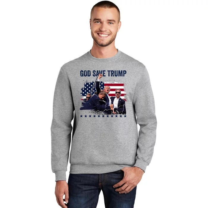 God Save Trump 2024 Fist Rally Trump Rally 2024 Tall Sweatshirt