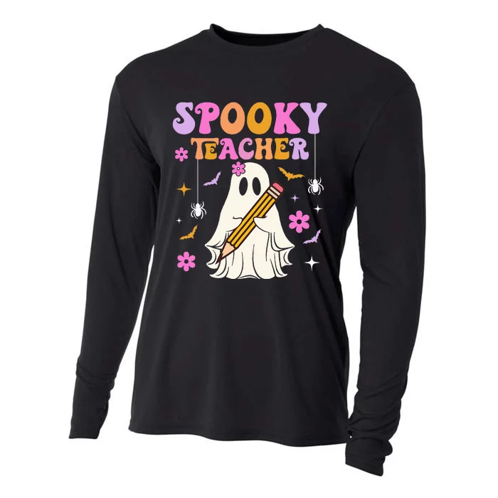 Groovy Spooky Teacher With Bat Ghost Funny Halloween Cooling Performance Long Sleeve Crew