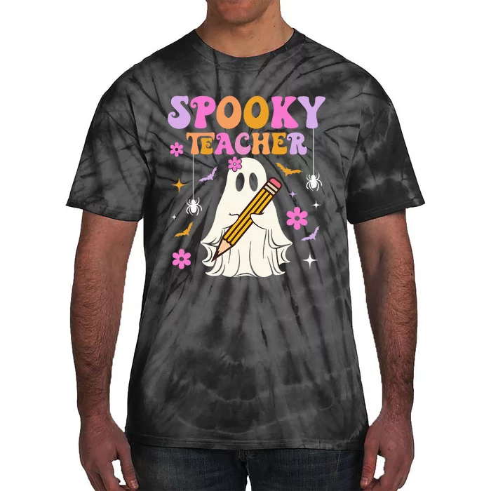 Groovy Spooky Teacher With Bat Ghost Funny Halloween Tie-Dye T-Shirt