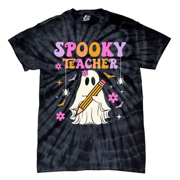 Groovy Spooky Teacher With Bat Ghost Funny Halloween Tie-Dye T-Shirt