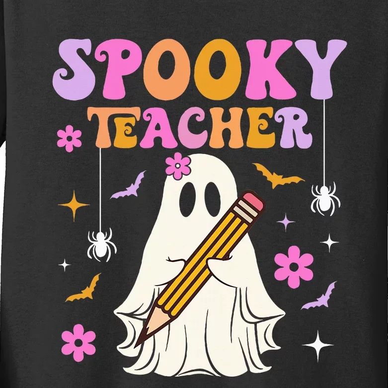 Groovy Spooky Teacher With Bat Ghost Funny Halloween Kids Long Sleeve Shirt