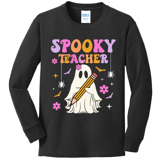 Groovy Spooky Teacher With Bat Ghost Funny Halloween Kids Long Sleeve Shirt