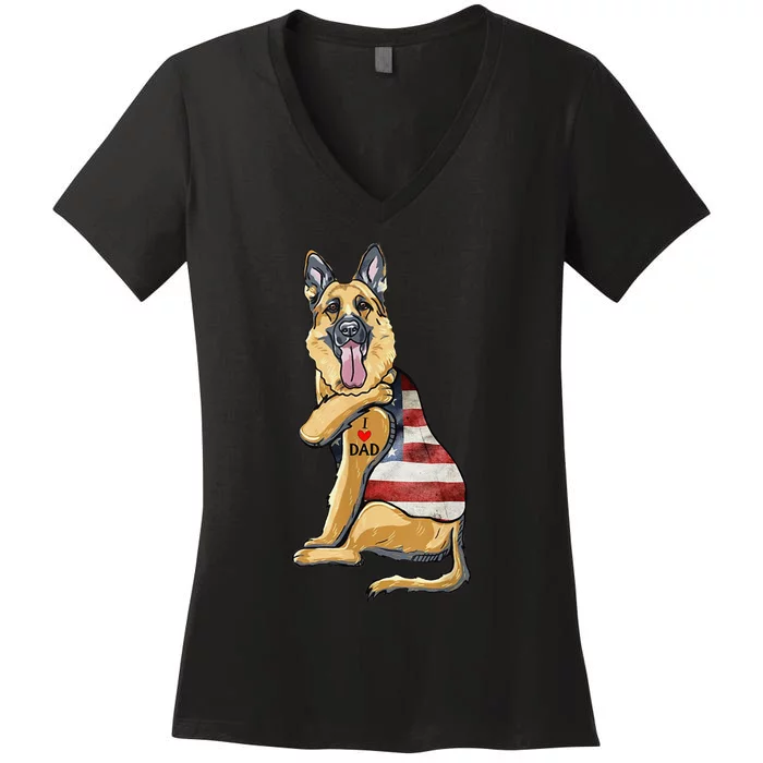 German Shepherd Tattoo Dog I Love Dad Fathers Day Women's V-Neck T-Shirt