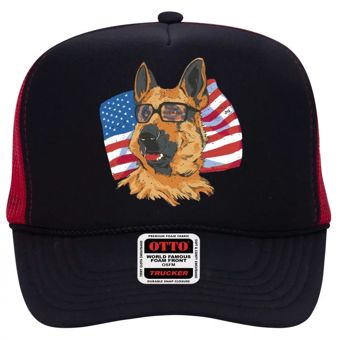 German Shepherd USA Flag Vintage High Crown Mesh Trucker Hat