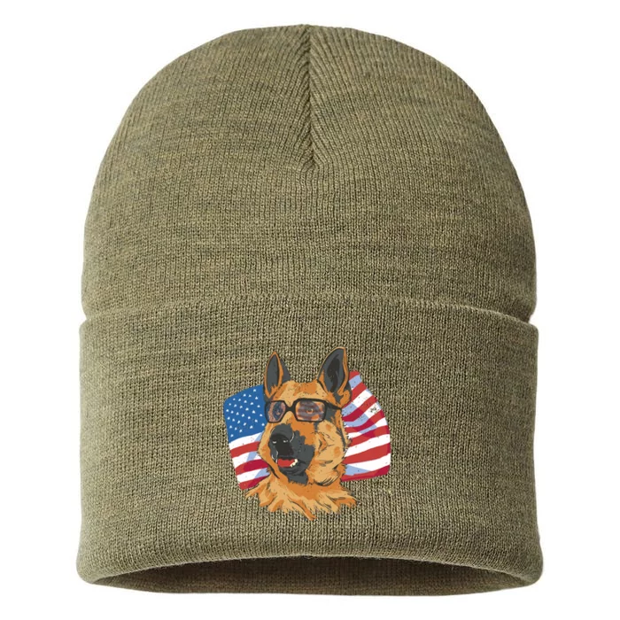 German Shepherd USA Flag Vintage Sustainable Knit Beanie