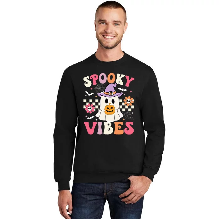 Groovy Spooky Vibes Retro Ghost Holding Pumpkin Halloween Sweatshirt