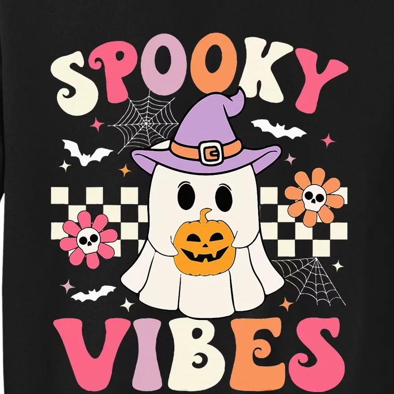 Groovy Spooky Vibes Retro Ghost Holding Pumpkin Halloween Sweatshirt