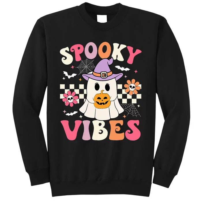 Groovy Spooky Vibes Retro Ghost Holding Pumpkin Halloween Sweatshirt